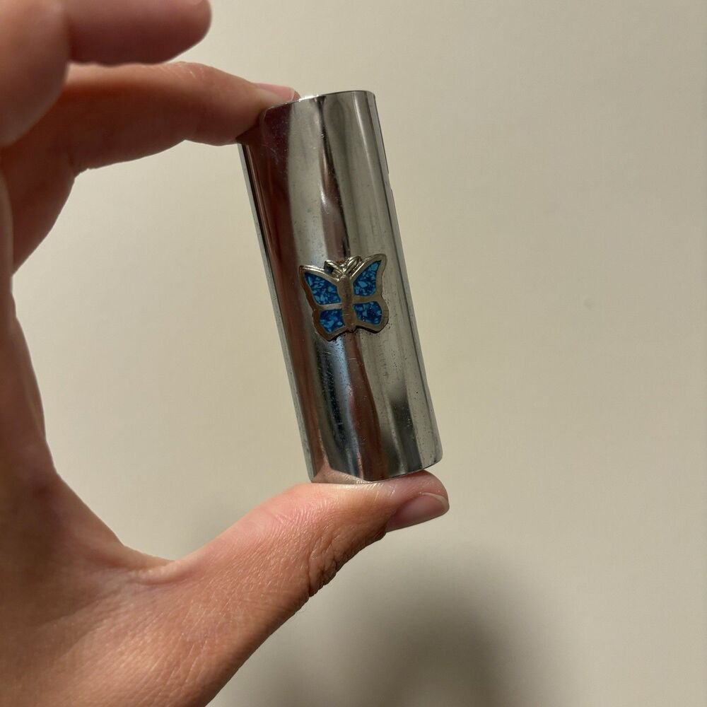 Vintage Lighter Case Butterfly Turquoise Coral Inlay Silver Tone Sleeve